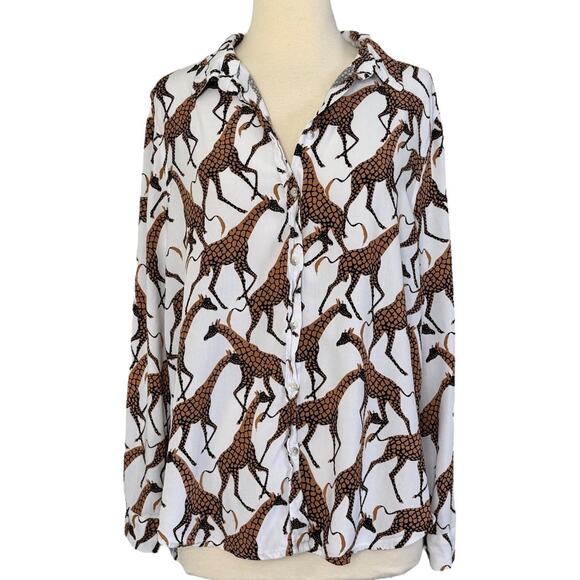 JANE + DELANCEY Giraffe Safari Button Down Long Sleeve Casual Retro Blouse Sz L - Picture 2 of 14
